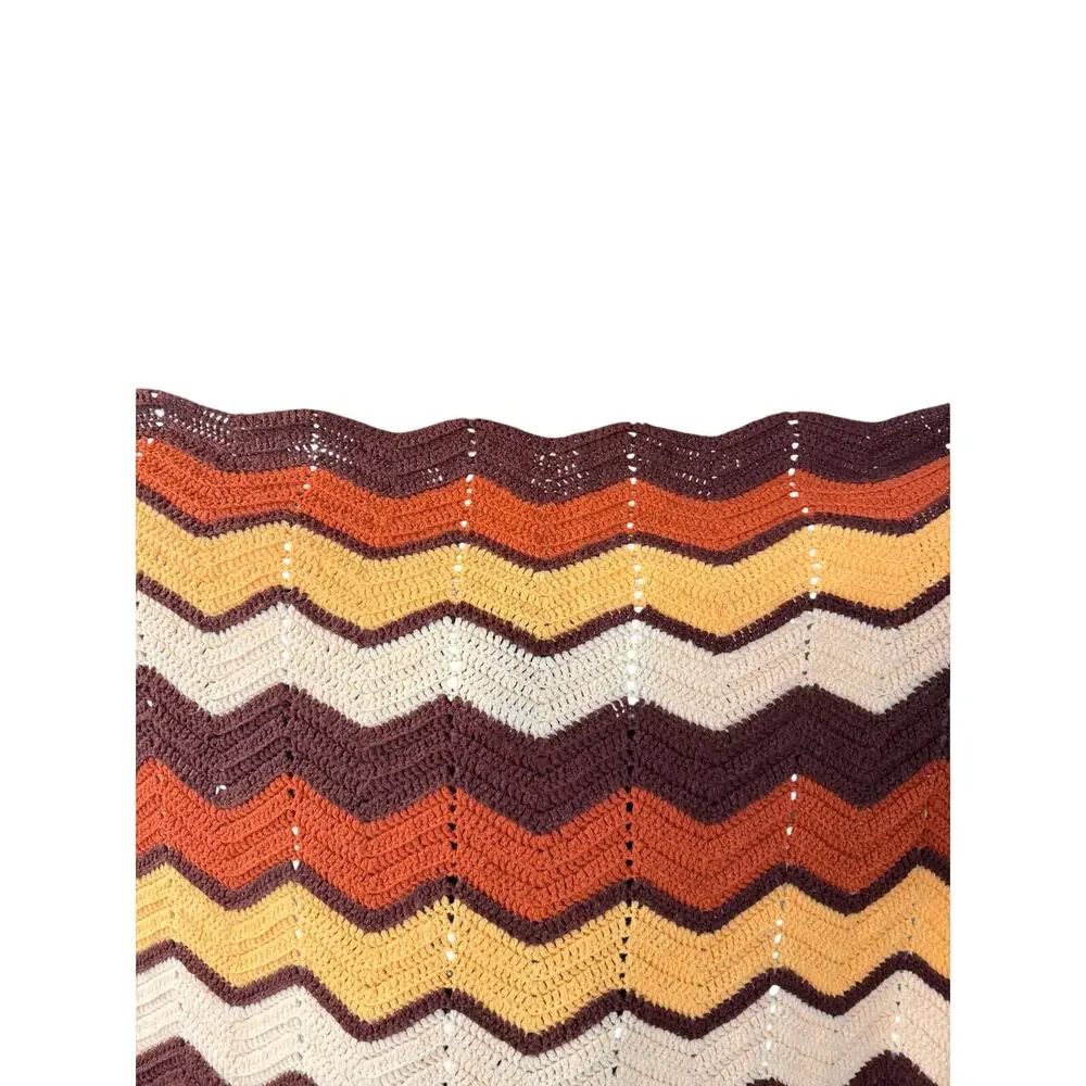 Handmade Crochet Afghan Throw Blanket 62x45 Chevron Ripple Fall Autumn Retro 70s
